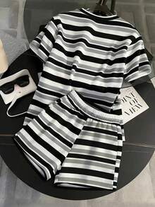 SHEIN 女士休闲条纹印花T恤短裤两件套，夏季 - 彩色 - 查看 2