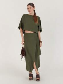 Women Army Green Batwing Sleeve Top And Pants 2 Pieces Set - Army Green - View 3