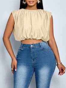 SOLERSUN Kemeja Tanpa Lengan Berkerut Warna Polos Sederhana untuk Wanita Ukuran Plus, Cocok untuk Pakaian Sehari-hari Musim Semi dan Musim Panas. Atasan Crop Ukuran Plus dengan Pinggang Ramping, Atasan Musim Panas untuk Wanita Berlekuk Tubuh. - Aprikot - View 4