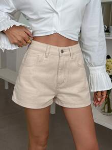 DAZY 女士休闲纯色水洗短裤，春夏款 - 米色 - 查看 4