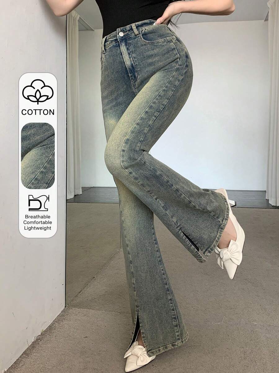 DAZY 女士复古高腰喇叭毛边修身黑色牛仔裤 Y2k - 淺色水洗藍 - 查看 1