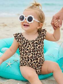 SHEIN Baby Girls Leopard Print Slim Fit One-Piece Swimsuit, Casual & Minimalist Design, Suitable For Summer - Multicolor - View 4