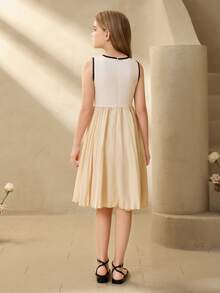 Tween Girl Butterfly Decor Pleated Hem Sleeveless Dress Girls Pleated Dress Tween Girl Church Dress Tween Neutral Dress Nude Dress For Tweens Sleeveless Dress Young Girl Teen Girl Collar Dress Collared Dress Young Girl Beige Dress For Girls Clothes For Girls 13 14 Girs Dress Cute Dresses For Girls - Beige - View 2