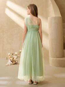 Elegant Flowing Mesh One Shoulder Twist Waist Flared Dress, Suitable For Weddings, Galas, Birthdays, Parties, All Seasons - Green - View 2