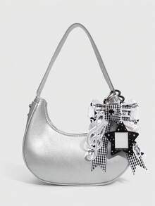 ROMWE 1 Pc Y2K Style Musical Note And Star Keychain, Subculture Musical Note Bag Charm,Anime Style Grid Bowknot Pendant, Suitable For Back To Teenagers And Student Keychain Accessories. - White Black - View 4