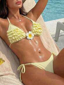 Swim Mod 2026 SS Women's Yellow Summer Cute Beach Holiday Swimwear Set,Fresh Multi-Layer Ruffle Faux Plumeria 3D Decor Bow Tie Triangle Bikini Set,2pcs Outfit - Light Yellow - View 5