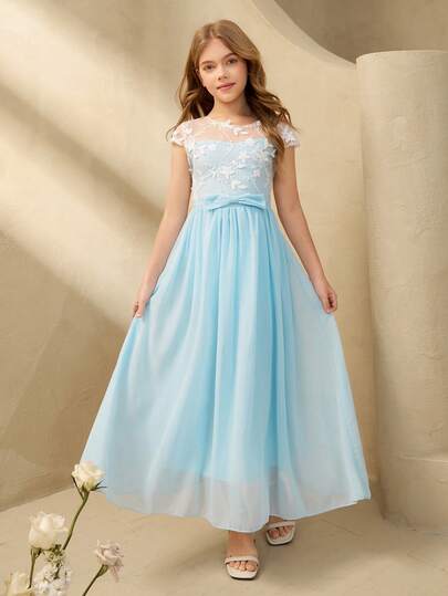 Elegant Blue Floral Chiffon Long Sleeve Fitted Maxi Dress For Tween GirlsSuitable For Evening Party, Christmas, Halloween, Prom, Wedding, Graduation And Other Occasions