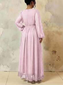 Roveilla 大码女式春夏法式浪漫西西里优雅休闲通勤度假圣诞派对纯棕色圆领褶皱腰抽绳A字弹力腰长袖连衣裙 - 淺粉色 - 查看 2