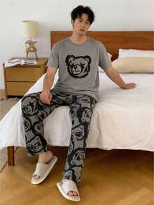 两件套青少年男童简约绅士格子裤和纯色格子口袋短袖上衣，时尚休闲装 - 灰色 - 查看 5