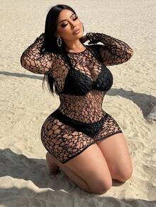 Swim SXY Women's Sexy Hollow-Out Long Sleeve Cover-Up Dress - Black - View 4