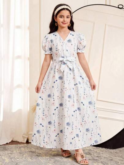 SHEIN Tween 女童花卉印花斜领泡泡袖系腰连衣裙，适合春季外出、度假、花园茶会、休闲户外
