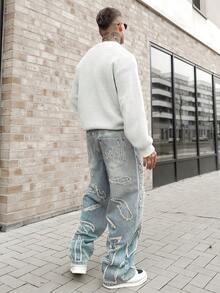 Artur Kramer 男士休闲街头风格刺绣破洞牛仔裤，蓝色 - 中等水洗藍 - 查看 5