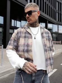 Artur Kramer 男士格子印花前开襟纽扣口袋休闲长袖衬衫 - 卡其色 - 查看 4