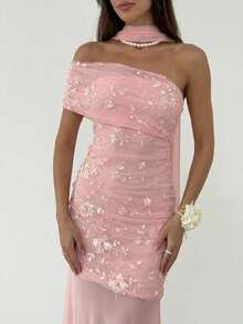 Aloruh 女士浅粉色浪漫约会度假派对不对称肩带拼布连衣裙 - 淺粉色 - 查看 4