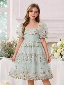 Vestido de princesa ajustado y evasé para niña preadolescente con cuello cuadrado bordado de malla trenzada - Verde - Ver 1