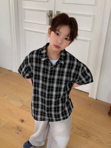 Dazy Kids 男童格子短袖单排扣休闲宽松衬衫 - 黑色 - 查看 4