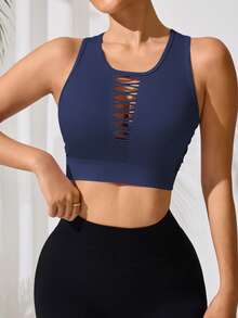 SHEIN Dewbera 女士纯色镂空休闲百搭日常穿着及运动T恤 - 藏蓝色 - 查看 5