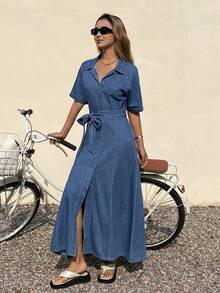 DAZY Women's Collared Belted Short Sleeve Casual Denim Dress - Medium Wash - View 2