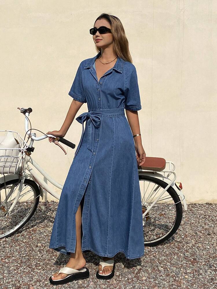 Women's Collared Belted Short Sleeve Casual Denim Dress