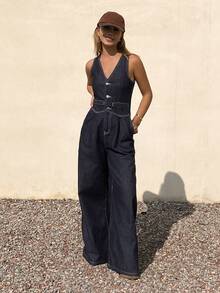 DAZY Mono de pierna recta y holgada con cuello en V y sin mangas, estilo casual de ciudad para mujer - Azul lavado oscuro - Ver 4