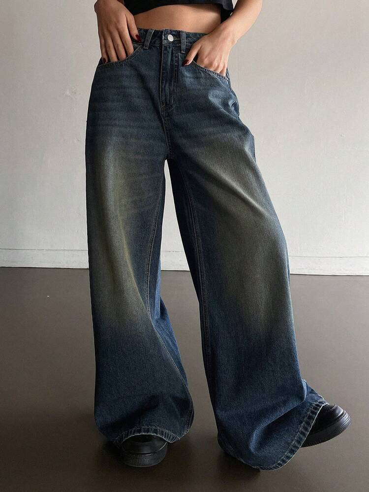 Women's Mid-Rise Loose Fit Washed Street Style Wide Leg Jeans