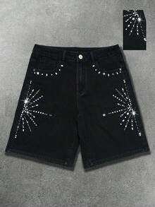 Manfinity EMRG Men's Hiphop Rhinestone Design Bermuda Black Washed Denim Shorts - Black - View 1