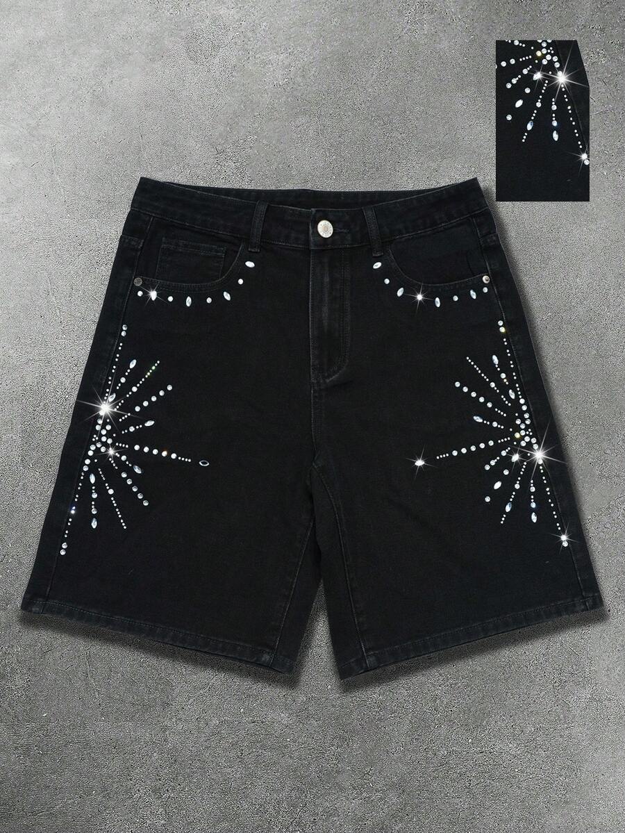 Manfinity EMRG Men's Hiphop Rhinestone Design Bermuda Black Washed Denim Shorts - Black - View 1