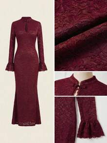 EastFlair 女士纽扣装饰花卉蕾丝喇叭袖修身连衣裙，优雅 - 酒紅色 - 查看 7
