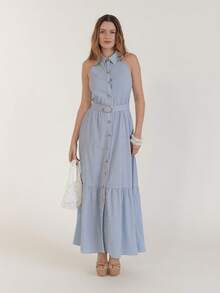 女士条纹露背无袖长款连衣裙，带口袋衬衫裙 - 藍白色 - 查看 4