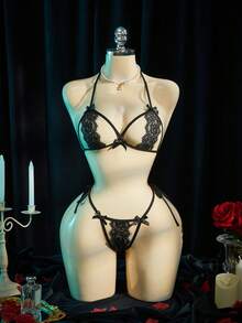 SpicyHot 女士蕾丝性感内衣套装（2件套） - 黑色 - 查看 5