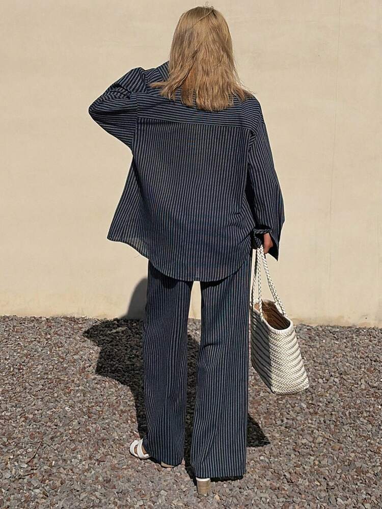 Women's Casual Striped Pocket Shirt And Wide Leg Pants 2 Pieces Set, Spring/Summer