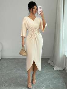 SHEIN PETITE Women's Casual V-Neck Twist Knot Slit Batwing Sleeve Cinched Waist Bodycon Dress - Apricot - View 1