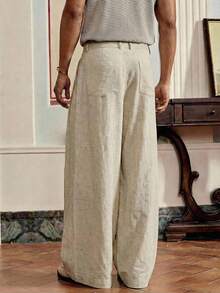 SWAVVY Men's Casual Versatile Solid Color Pants Wide Leg Pants Manfinity Pants Pleated Pants Men Linen Pants - Khaki - View 5