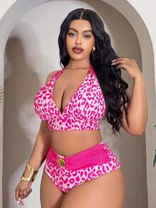 Swim Vcay Plus Size 2pcs Swimwear Set, Minimalist Daily Summer Beach Outfit For Women - Pink - View 3