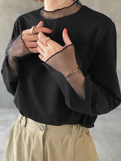 FRIFUL Solid Color Patchwork Sheer Polka Dot Mesh Fabric Loose Casual Versatile T-Shirt