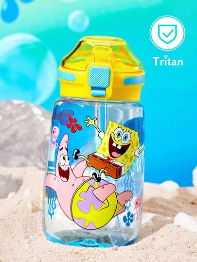 SpongeBob SquarePants | SHEIN 500毫升卡通图案水瓶，配有硅胶吸管和防漏盖，适合旅行、观光、返校使用，Tritan材质。