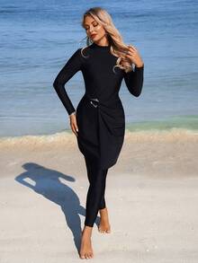 Swim Mulvari Women's New Black 2-Piece Swimwear Set With Belt, Long Sleeve High Neck Midi Dress And Slim Fit Pants, Conservative Modest Burkini For Spring/Summer Vacation - Black - View 4