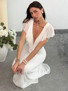 Aloruh Đầm ôm dáng cổ chữ V sâu, màu trơn, viền bèo nhún dành cho nữ - trắng - Xem 7