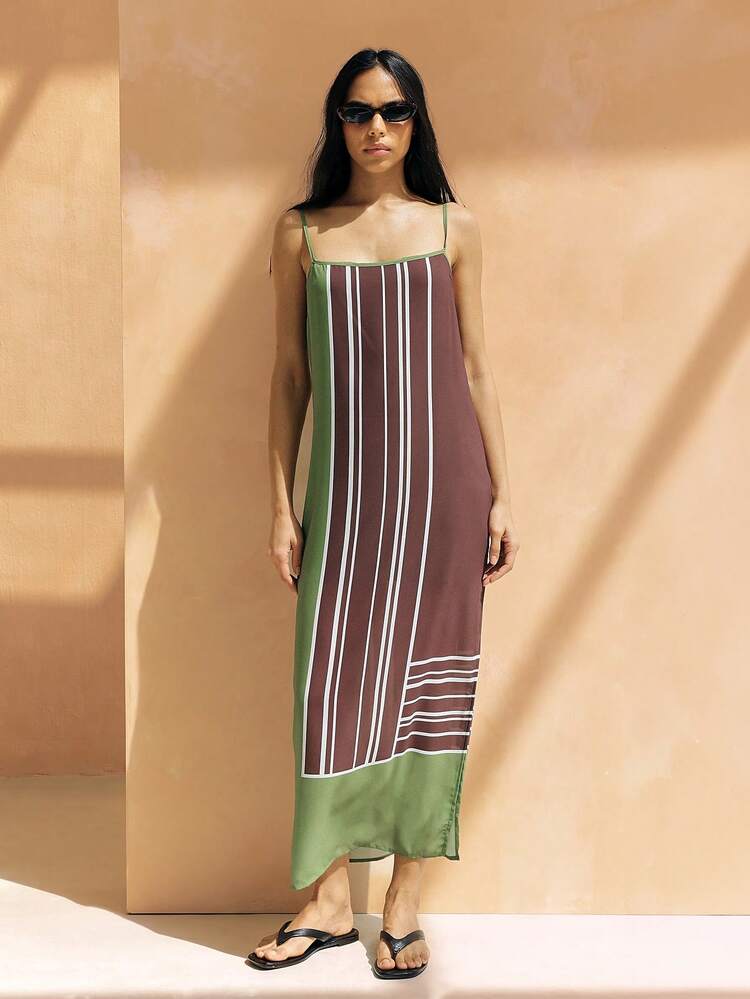 KSTM Women's Square Neckline Maxi Dress Vertical Stripe Pattern Color Block Design Adjustable Spaghetti Straps Loose Fit Summer Sleeveless Long Dress Casual Day Wear