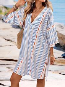 Breezaya Women's Short Vacation Style Contrast Color Striped Loose Dress - Blue - View 4