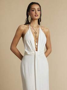 Silquee 女士纯色深V领系带露背优雅简约长连衣裙，夏季 - 白色 - 查看 4