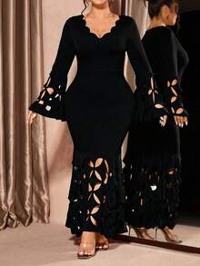 Cravure 大码女式V领镂空优雅收腰派对连衣裙 - 黑色 - 查看 4