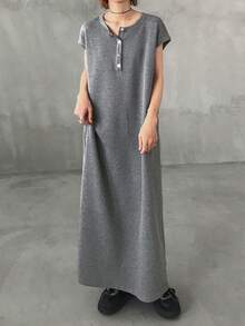 FRIFUL Vestido casual largo de cuello redondo y media cremallera para mujer - Gris - Ver 1