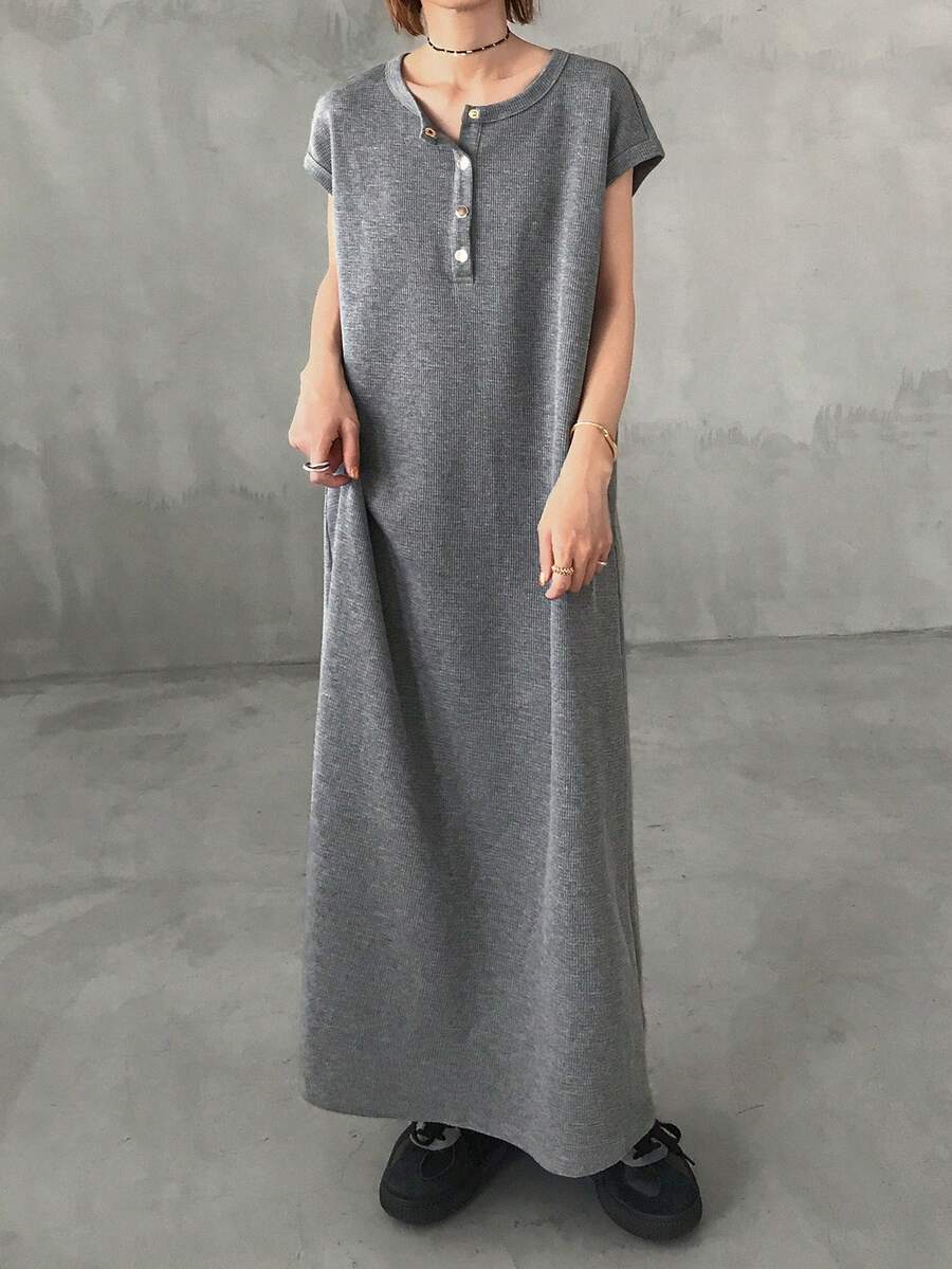 FRIFUL Vestido casual largo de cuello redondo y media cremallera para mujer - Gris - Ver 1