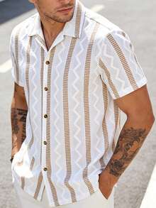 Manfinity RSRT Camisa casual de manga corta con textura de jacquard a rayas para hombres - Caqui - Ver 3