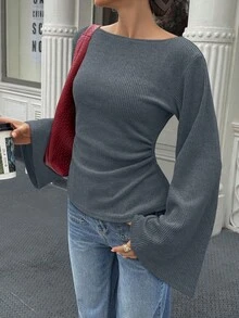 Elenzga 标准尺码女士宽领落肩喇叭袖腰部褶皱印花针织上衣，秋冬款 - 霧霾藍 - 查看 3