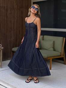 Women Denim Dresses - Dark Washed Blue - View 3