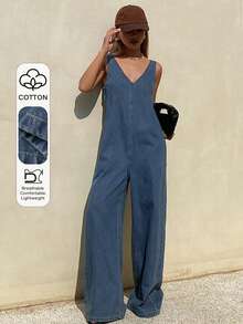 DAZY Bộ áo liền quần denim không tay cổ chữ V dành cho nữ, thích hợp cho kỳ nghỉ. - Rửa trung bình - Xem 1