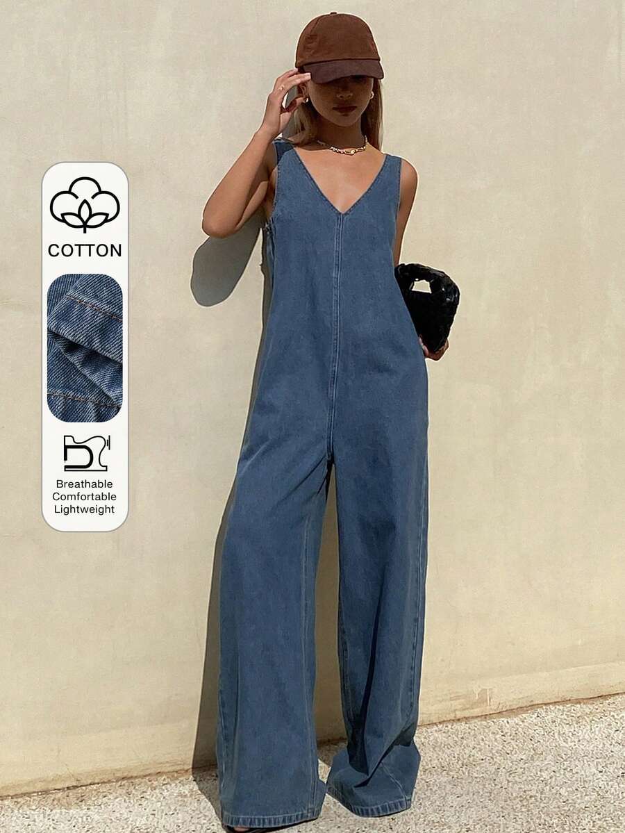 DAZY Bộ áo liền quần denim không tay cổ chữ V dành cho nữ, thích hợp cho kỳ nghỉ. - Rửa trung bình - Xem 1