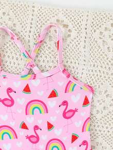 SHEIN Baby Girl Comfortable Ruffled One-Piece Swimsuit With Detachable Skirt,Cute Flamingo & Rainbow Print Design Summer Pink Bathing Suit Swimwear,2Pcs Set - Multicolor - View 4